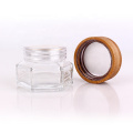 50ml Hexagonal cosmetic glass face cream container with bamboo lid sealing type